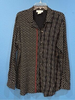 Vintage Susan Burrowes Black White Geometric Rayon Button Up Shirt Women Medium